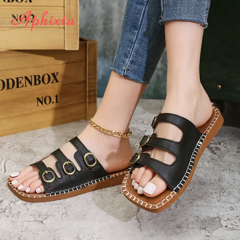 Aphixta Concise Summer Flat With Slides Metal Buckle Woman Slippers Square Toe Flip Flops TPR Sole Beach Shoes Flat Sandals