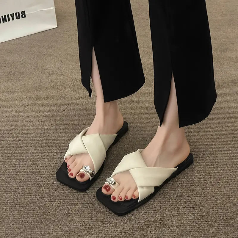 Aphixta Crystal Flip Flop Square Toe Summer Shoes Flat With Heel Slipper Women Casual Slides Outside Sandals Cross Strap Slipper