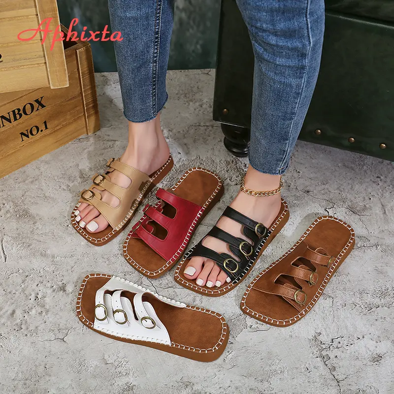 Aphixta Concise Summer Flat With Slides Metal Buckle Woman Slippers Square Toe Flip Flops TPR Sole Beach Shoes Flat Sandals