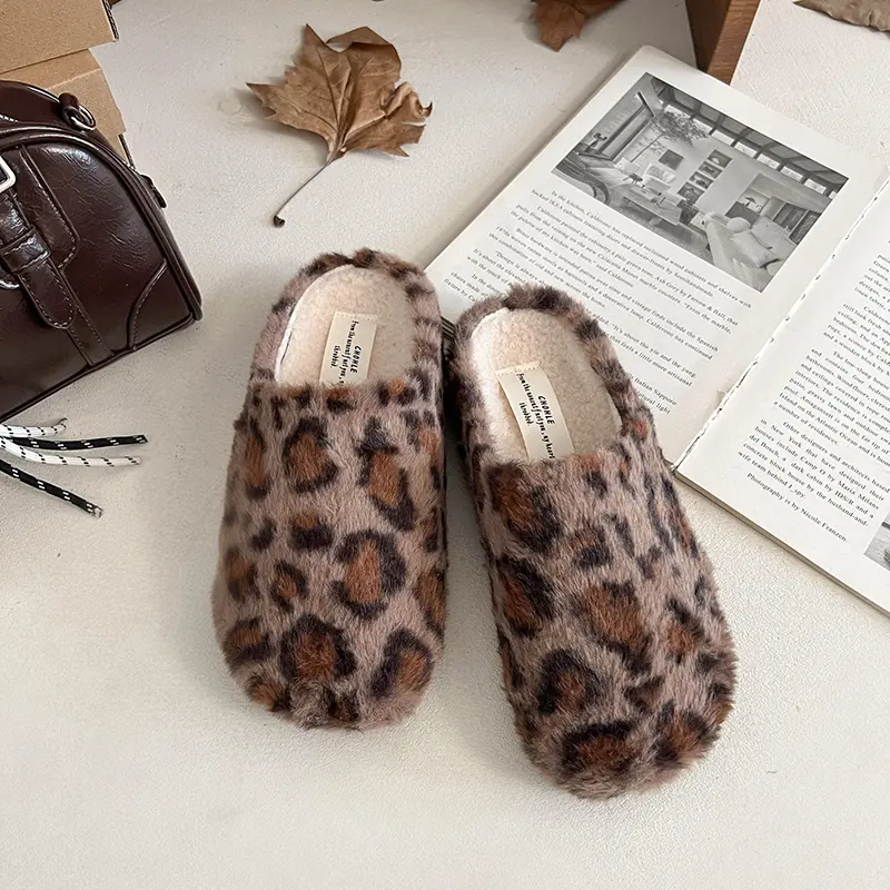 Aphixta Leopard Round Toe Warm Winter Slippers New Fashion Fluffy Platform Slippers for Women 2024 Winter Plush Warm Cotton Shoe