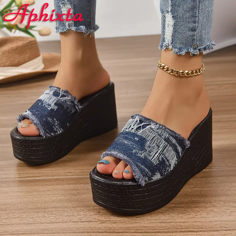 Aphixta 3.54 Inch Platform Women's Slides Denim Cotton Fabrics Shoes Slippers Jean Wedge Heel Beach Plus Size 42 43
