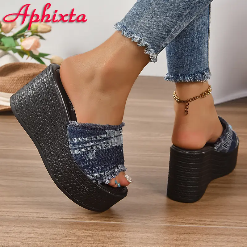 Aphixta 3.54 Inch Platform Women's Slides Denim Cotton Fabrics Shoes Slippers Jean Wedge Heel Beach Plus Size 42 43