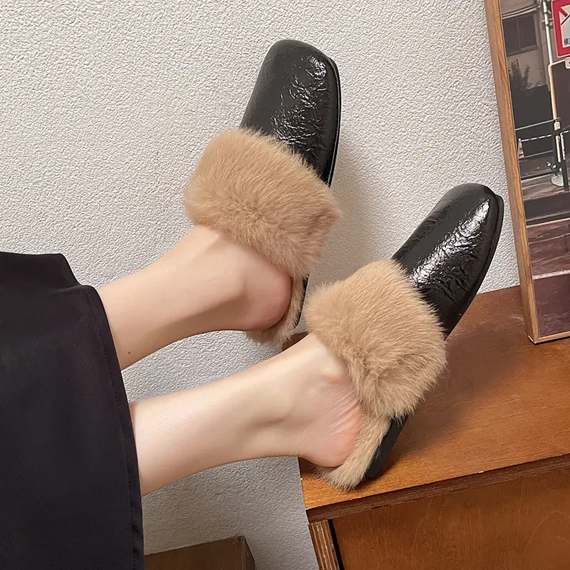 Aphixta Soft Leather Solid Color Indoor Slipper Furry Warm Women Mule Shoes Flat With Slides chaussures femme zapatos mujer