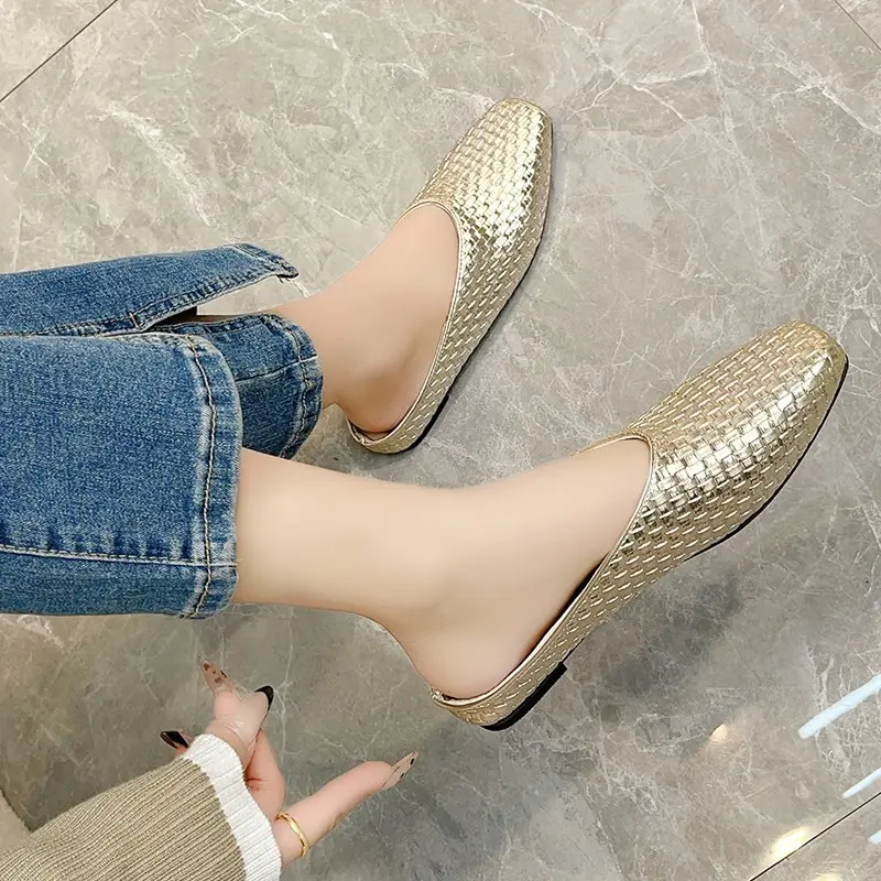 Aphixta New Summer Flat With Women Slippers Gold Weave Shallow Shoes Classic Square Toe Flip Flops Beach Slides Mules Big Size42