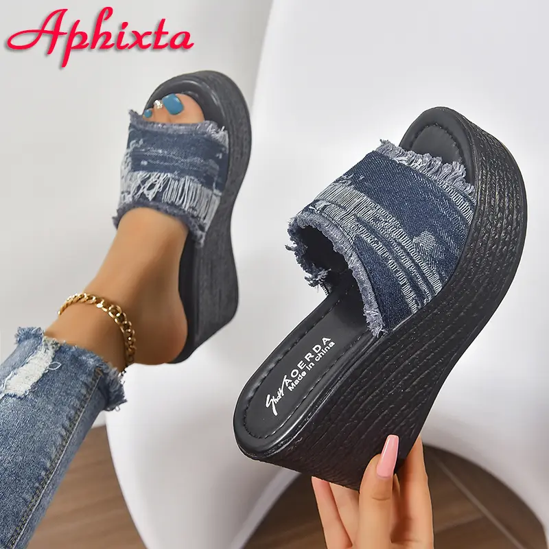 Aphixta 3.54 Inch Platform Women's Slides Denim Cotton Fabrics Shoes Slippers Jean Wedge Heel Beach Plus Size 42 43