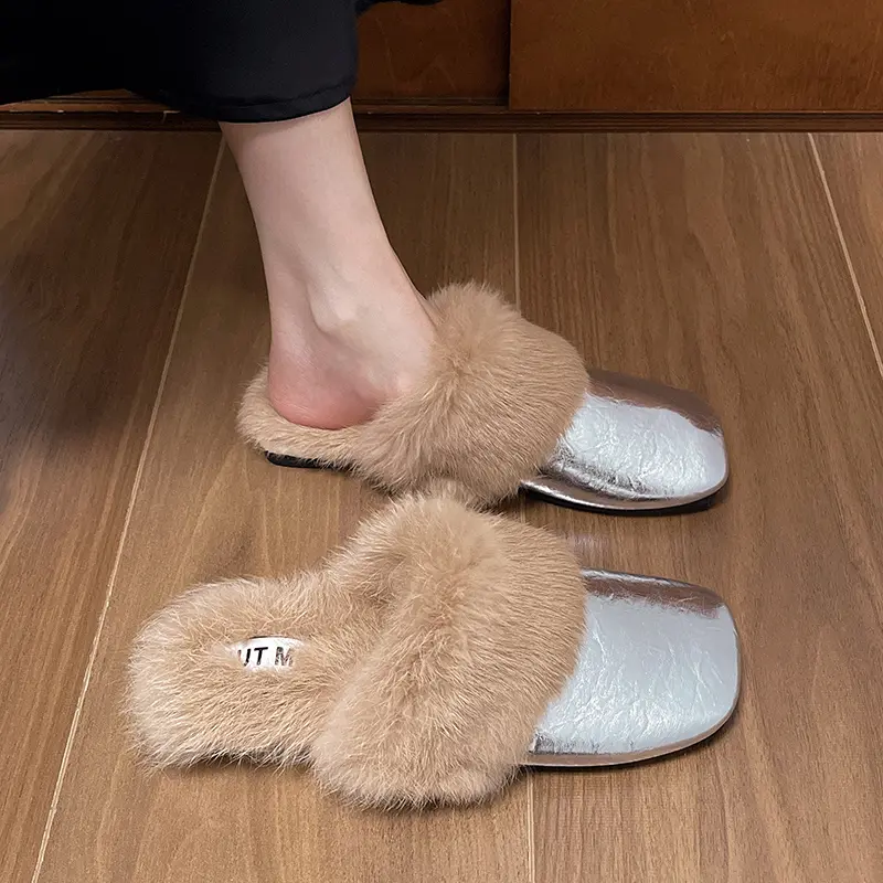 Aphixta Soft Leather Solid Color Indoor Slipper Furry Warm Women Mule Shoes Flat With Slides chaussures femme zapatos mujer