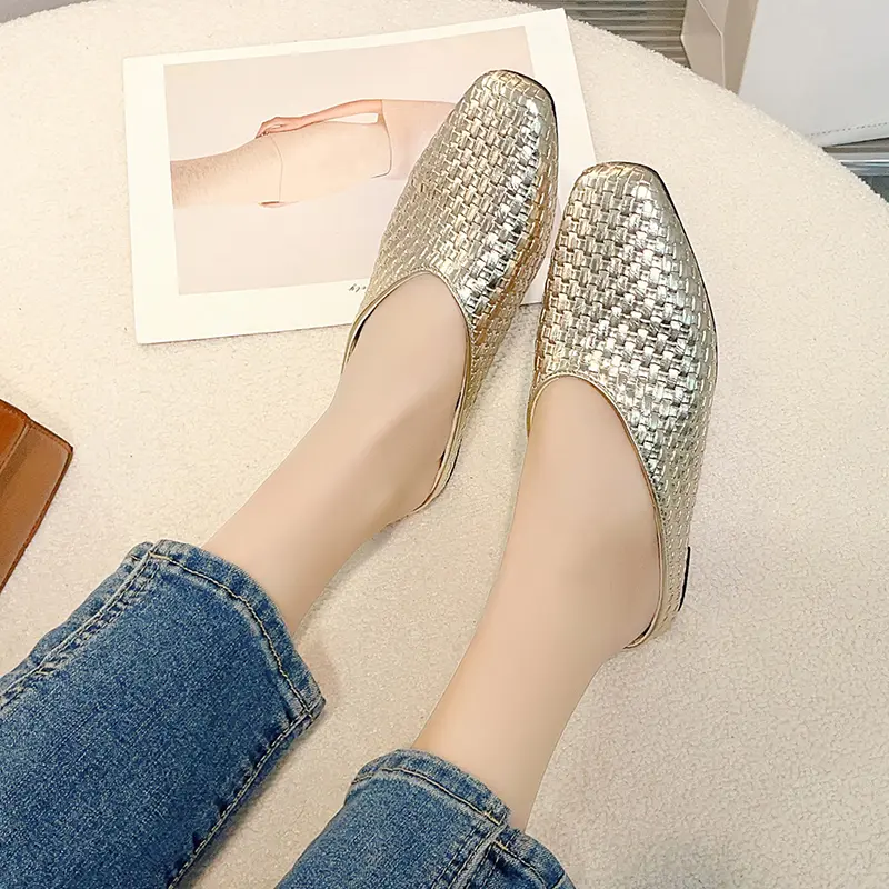 Aphixta New Summer Flat With Women Slippers Gold Weave Shallow Shoes Classic Square Toe Flip Flops Beach Slides Mules Big Size42