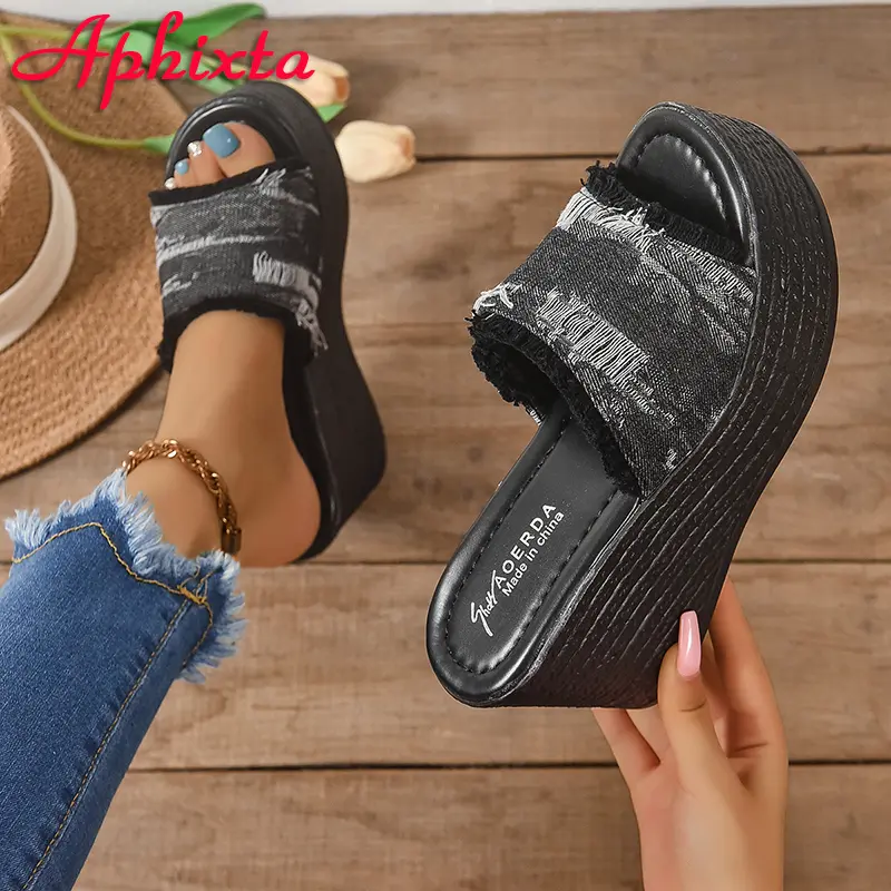 Aphixta 3.54 Inch Platform Women's Slides Denim Cotton Fabrics Shoes Slippers Jean Wedge Heel Beach Plus Size 42 43