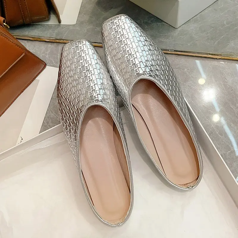 Aphixta New Summer Flat With Women Slippers Gold Weave Shallow Shoes Classic Square Toe Flip Flops Beach Slides Mules Big Size42