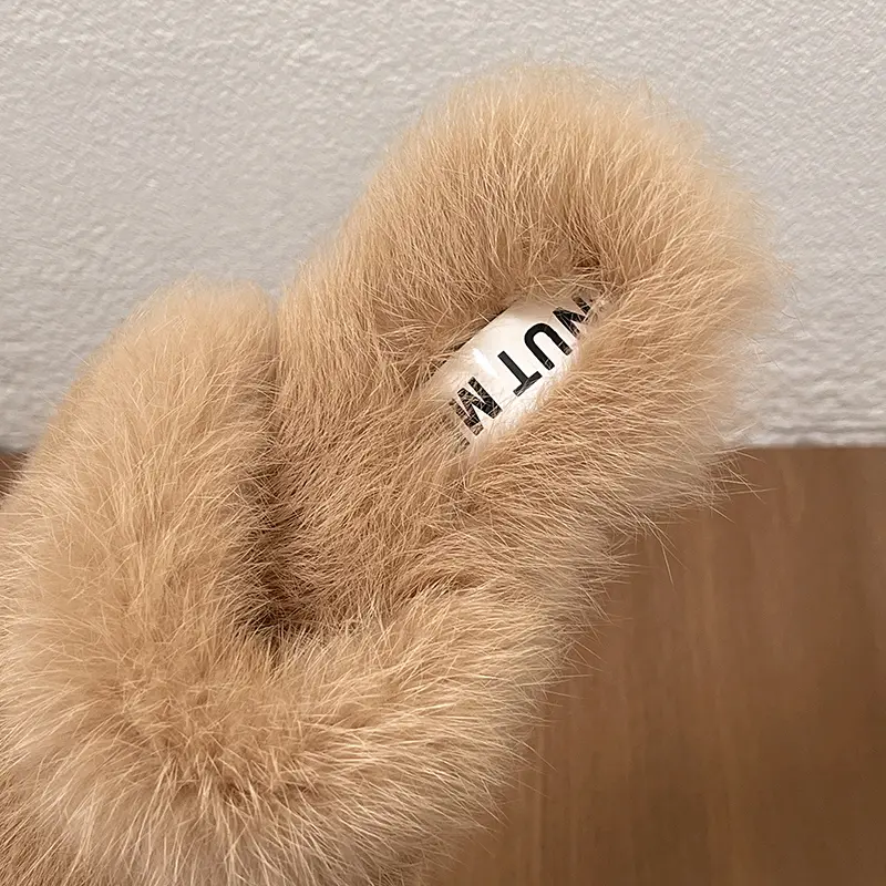Aphixta Soft Leather Solid Color Indoor Slipper Furry Warm Women Mule Shoes Flat With Slides chaussures femme zapatos mujer