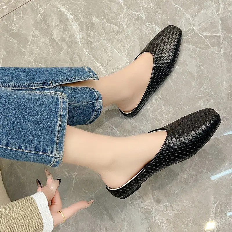 Aphixta New Summer Flat With Women Slippers Gold Weave Shallow Shoes Classic Square Toe Flip Flops Beach Slides Mules Big Size42