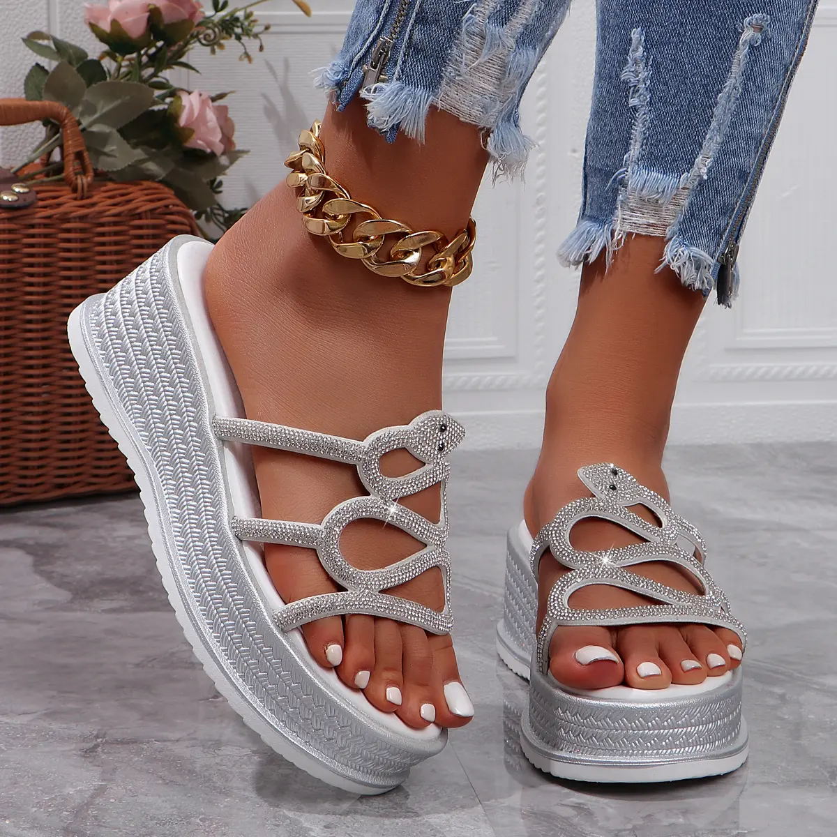Aphixta Platform Bling Crystal Sandals Slippers 6cm Heels Women Slides Women Shoes Wedge Slippers Geometric Crystal Slides Shoes