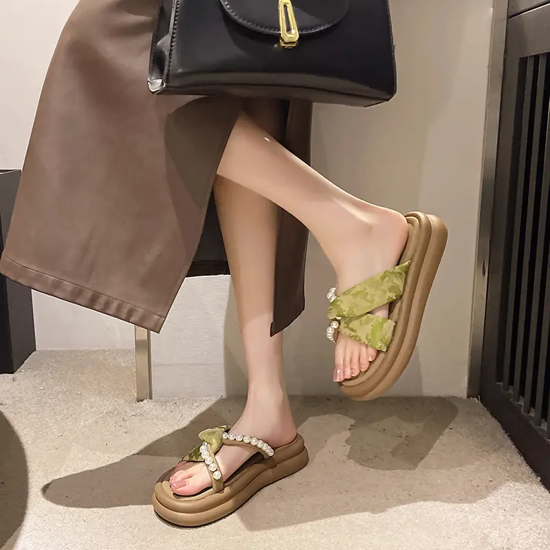 Aphixta Luxury Pearl Green Slippers Flat With Women Summer Shoes Outdoor Slides Flip Flop Muller Slippers Casual Beach Sandals