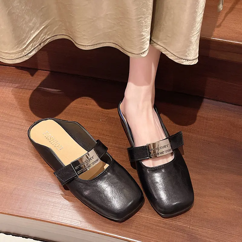 Aphixta Metal Buckle Spring Slippers Square Toe Outdoor Woman Shoes Slip On Low Heel Slides zapatos de mujer pantunflas Size 42