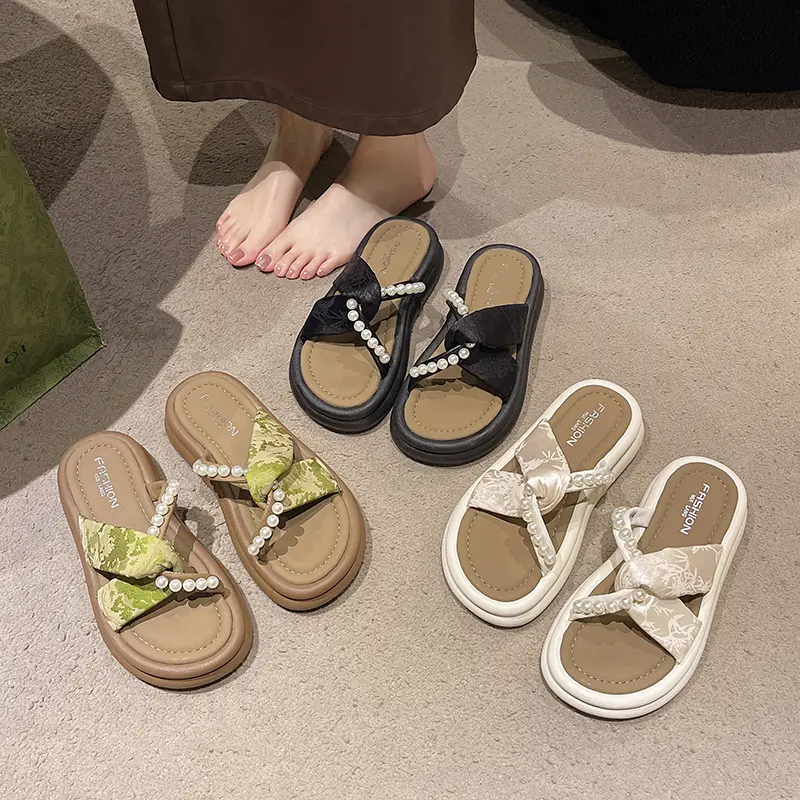 Aphixta Luxury Pearl Green Slippers Flat With Women Summer Shoes Outdoor Slides Flip Flop Muller Slippers Casual Beach Sandals