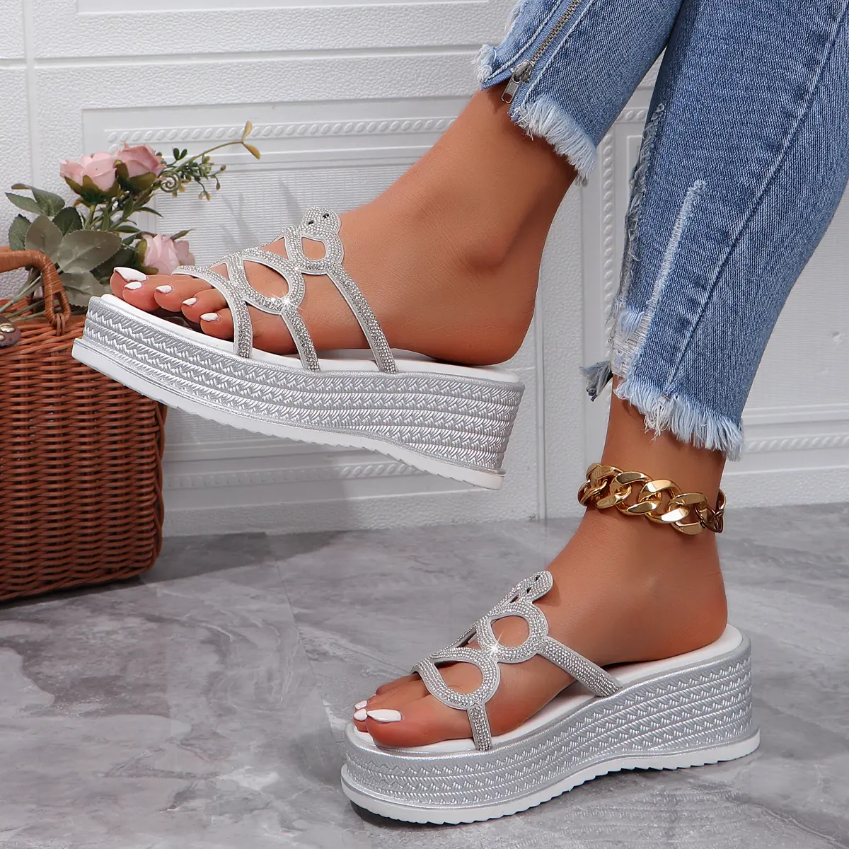 Aphixta Platform Bling Crystal Sandals Slippers 6cm Heels Women Slides Women Shoes Wedge Slippers Geometric Crystal Slides Shoes