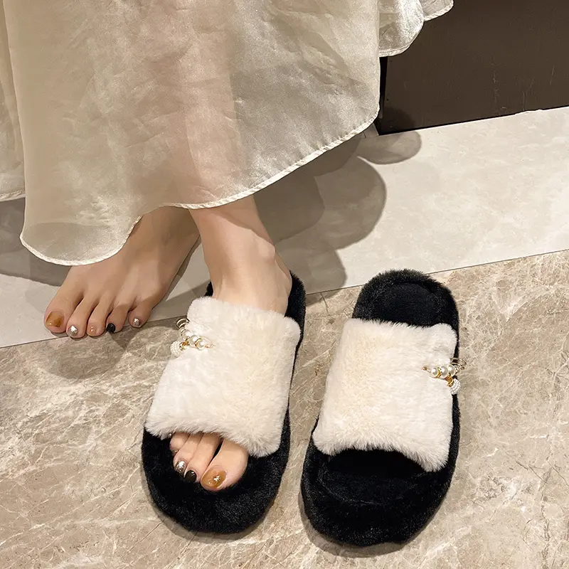Aphixta Luxury Pearl Plush Furry Slipper Black Concise Women Indoor Bedroom Slippers Flat Heel Hair Slippers Round Toe Footwear