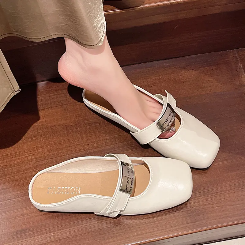 Aphixta Metal Buckle Spring Slippers Square Toe Outdoor Woman Shoes Slip On Low Heel Slides zapatos de mujer pantunflas Size 42