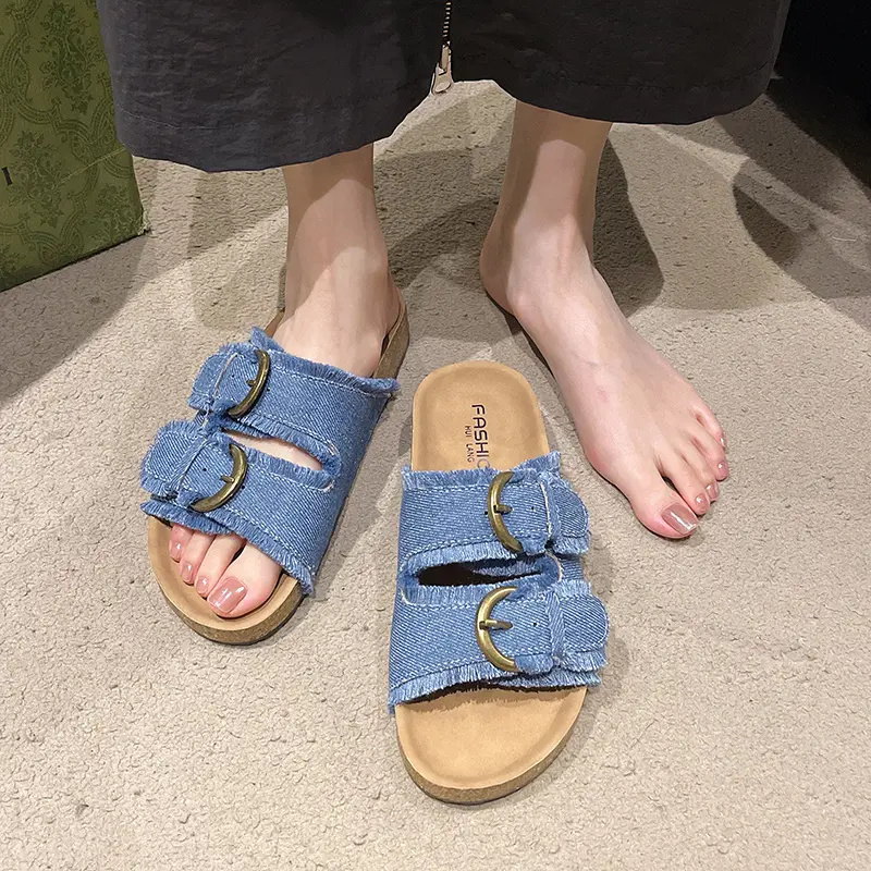 Aphixta Retro Blue Denim Slippers Women Summer Round Toe Shoes Outdoor Flat Heel Slides Metal Buckle Flip Flop