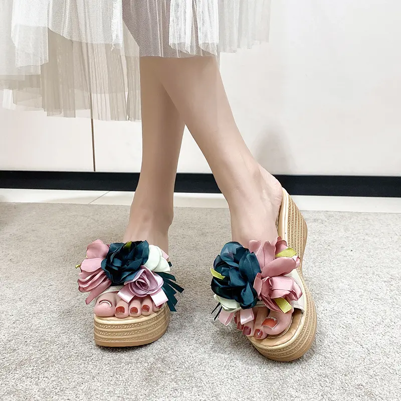 Aphixta Pink Blue New 9cm Hight Wedge Heels Appliques Flowers Platform Slides Women Summer Outside Shoes
