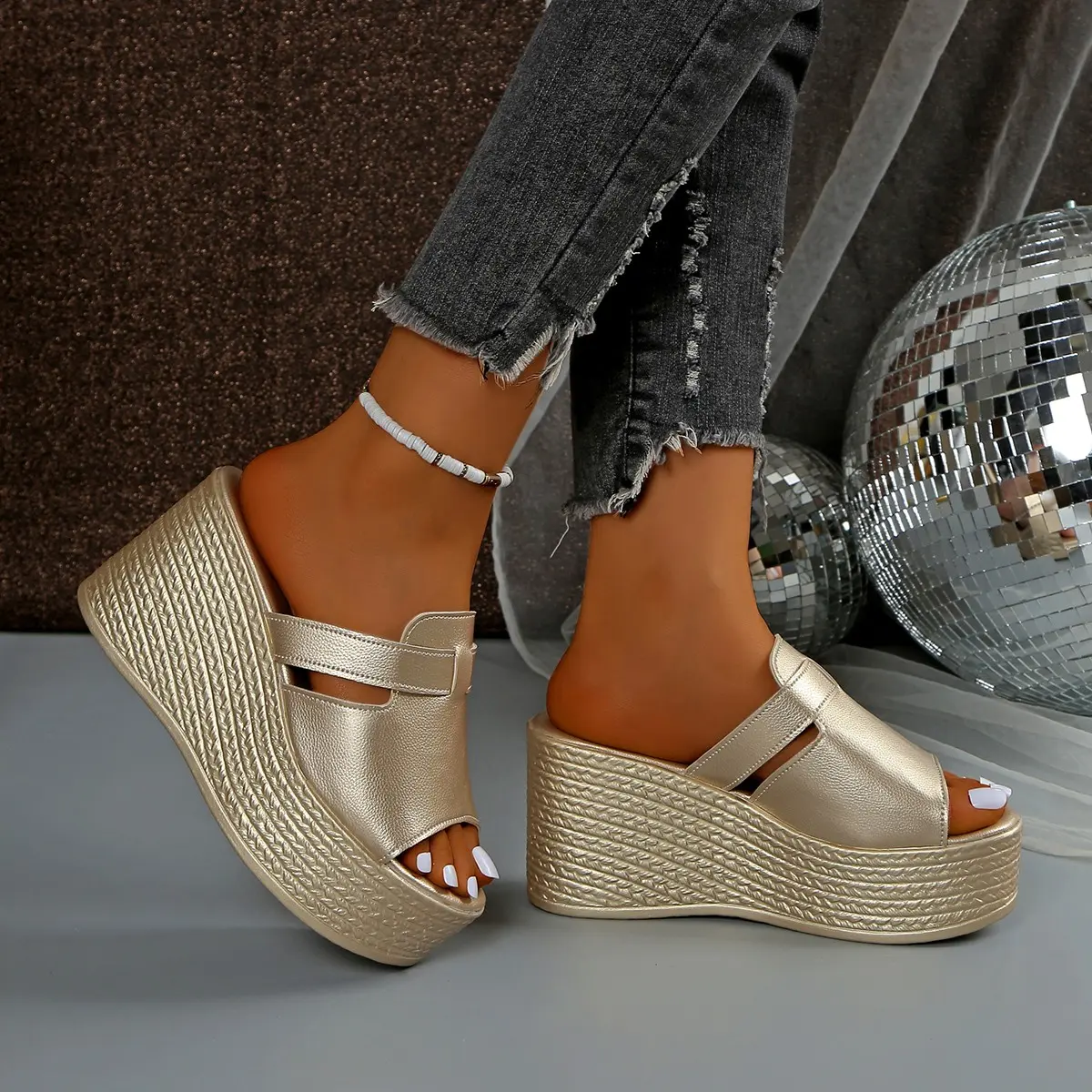 Aphixta Gold Sole 9cm High Heels Slides Peep ToeWedge Heels Slippers Women Platform Sandals Outside Gold Shoes Size 43
