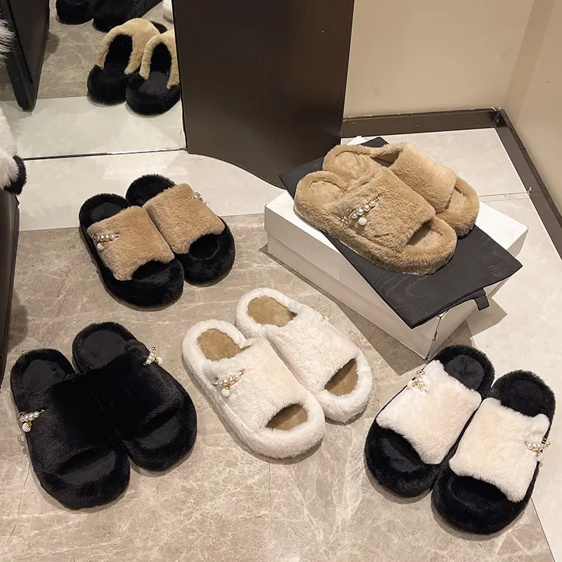 Aphixta Luxury Pearl Plush Furry Slipper Black Concise Women Indoor Bedroom Slippers Flat Heel Hair Slippers Round Toe Footwear