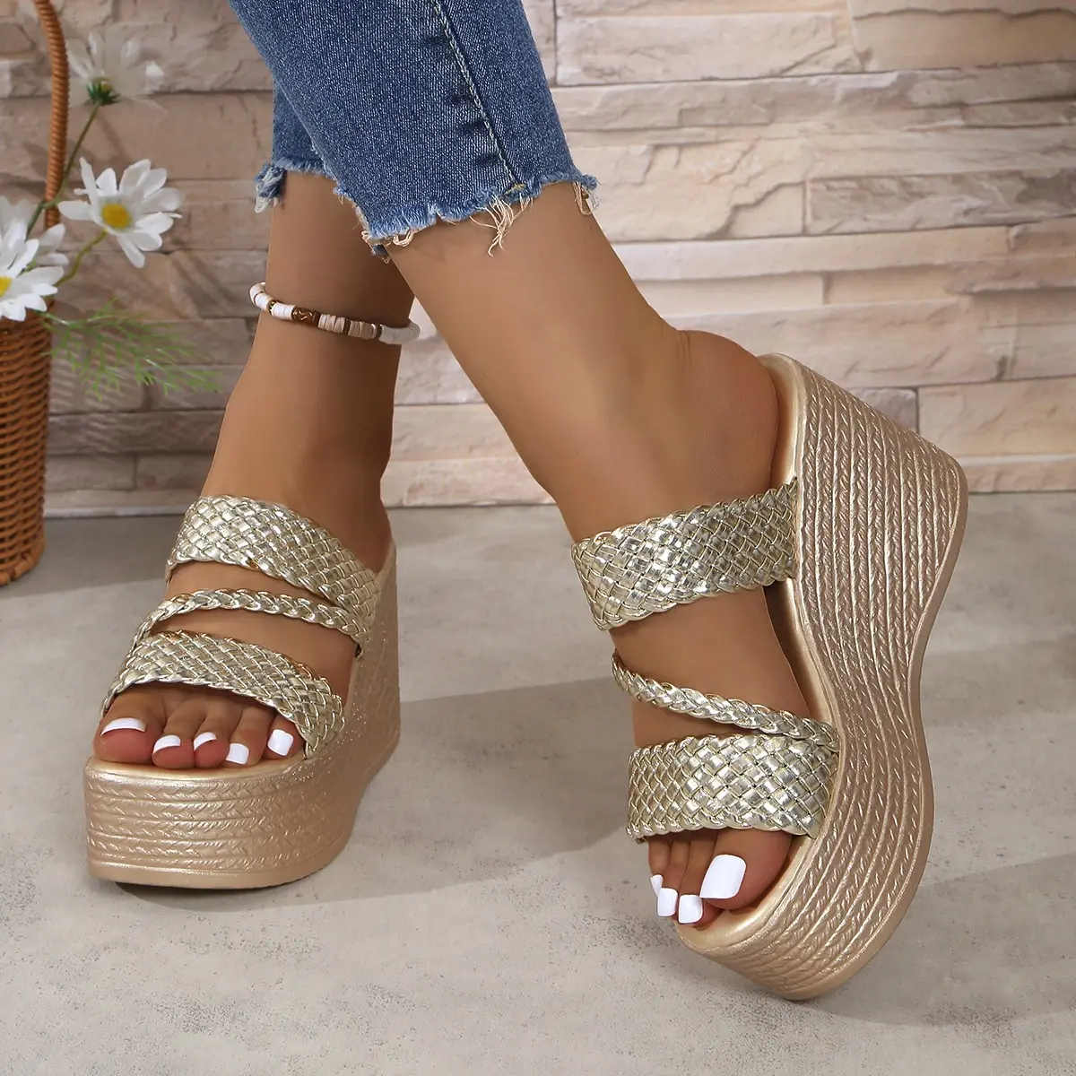 Aphixta Summer 9cm High Heels Wedge Heels Slippers Weave Women Platform Sandals Clog Shoes Slides Gold Shoes Size 43