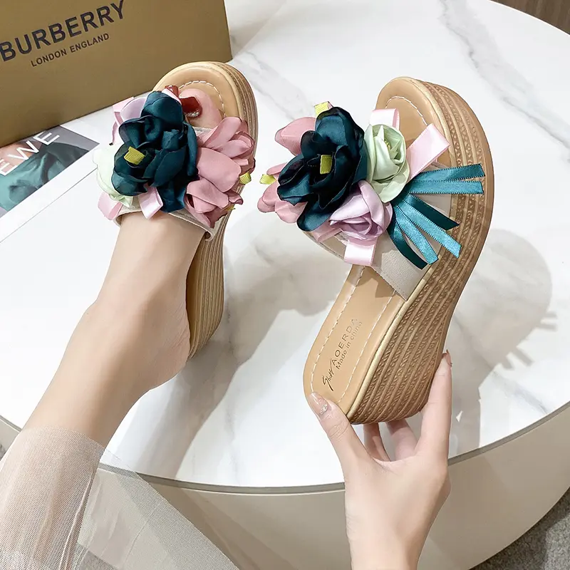Aphixta Pink Blue New 9cm Hight Wedge Heels Appliques Flowers Platform Slides Women Summer Outside Shoes