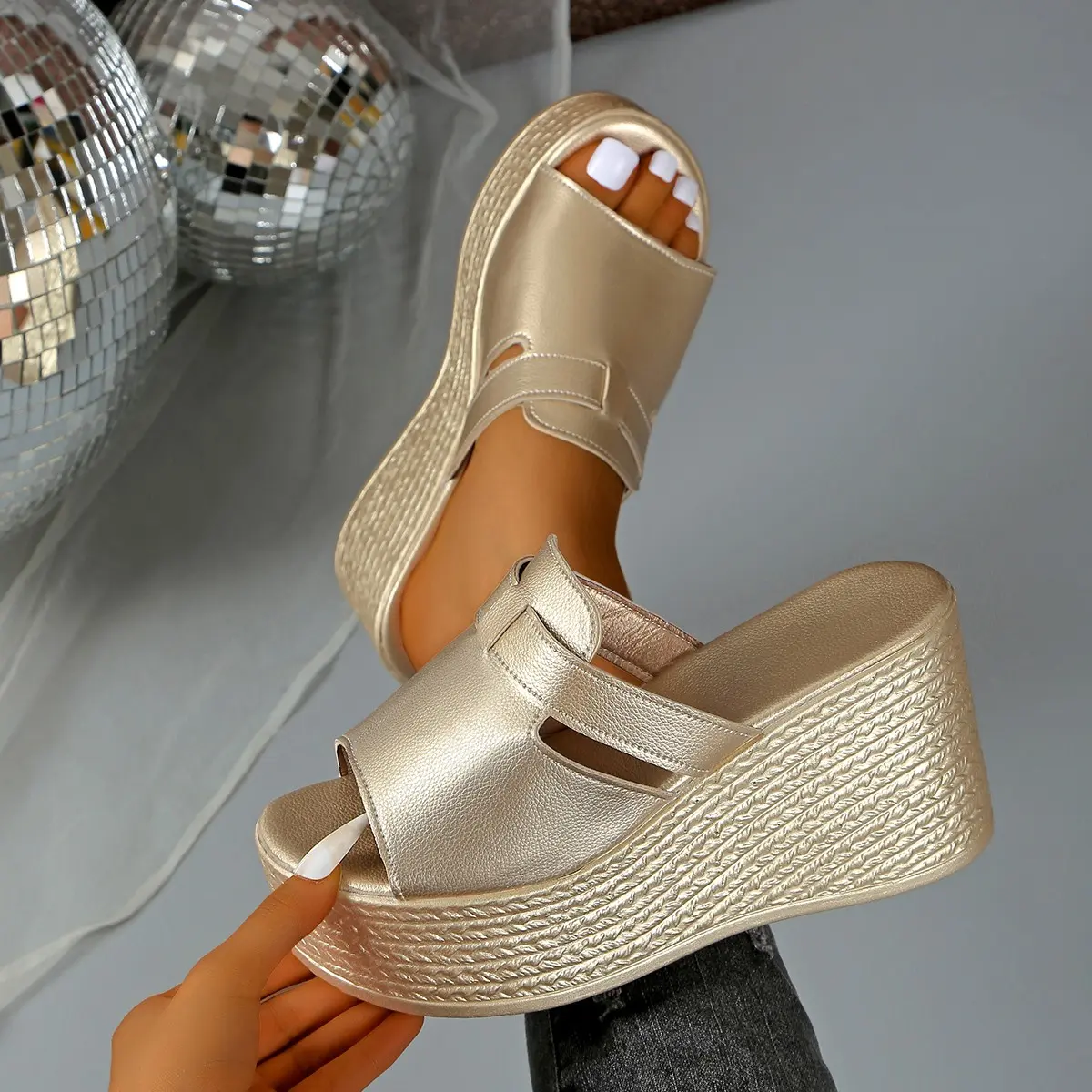 Aphixta Gold Sole 9cm High Heels Slides Peep ToeWedge Heels Slippers Women Platform Sandals Outside Gold Shoes Size 43