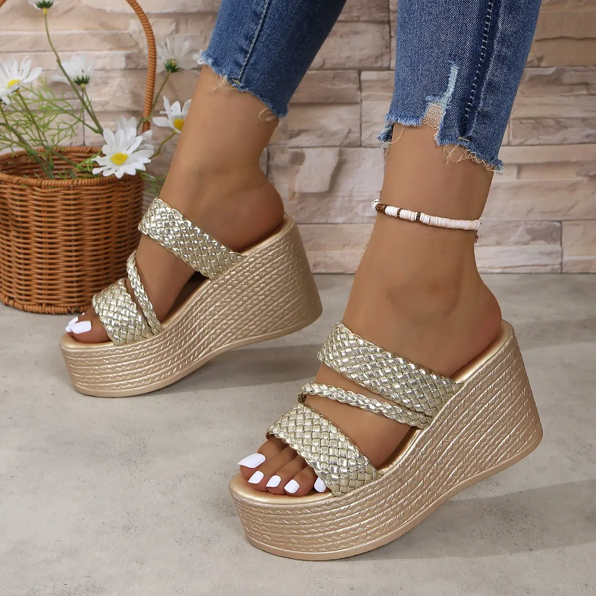 Aphixta Summer 9cm High Heels Wedge Heels Slippers Weave Women Platform Sandals Clog Shoes Slides Gold Shoes Size 43