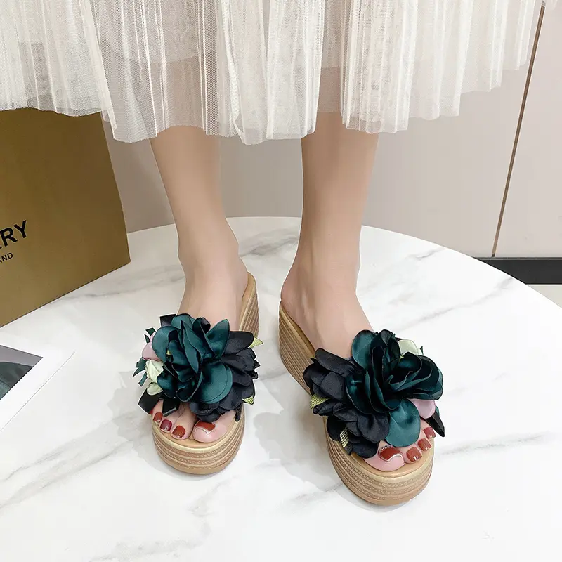 Aphixta Pink Blue New 9cm Hight Wedge Heels Appliques Flowers Platform Slides Women Summer Outside Shoes