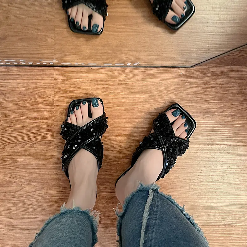 Aphixta Bling Sequined Decoration Flat With Slippers Cross Straps Casual Women Outside Slides Square Toe Summer Sandals Shoe