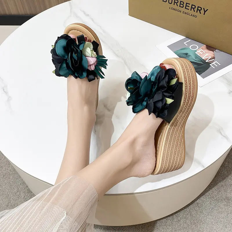 Aphixta Pink Blue New 9cm Hight Wedge Heels Appliques Flowers Platform Slides Women Summer Outside Shoes