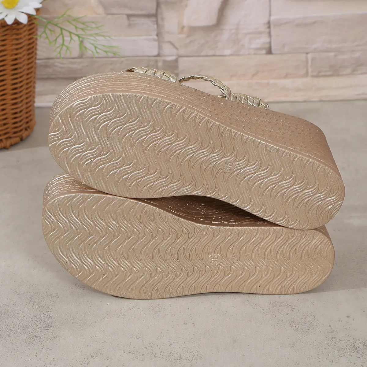 Aphixta Summer 9cm High Heels Wedge Heels Slippers Weave Women Platform Sandals Clog Shoes Slides Gold Shoes Size 43