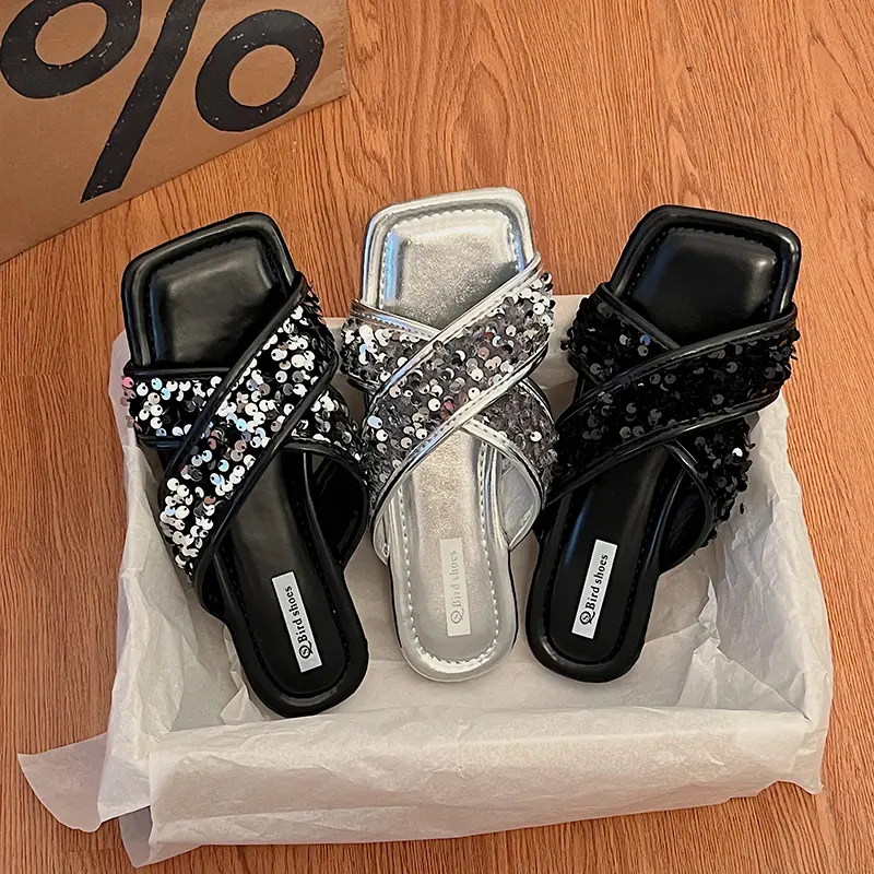 Aphixta Bling Sequined Decoration Flat With Slippers Cross Straps Casual Women Outside Slides Square Toe Summer Sandals Shoe