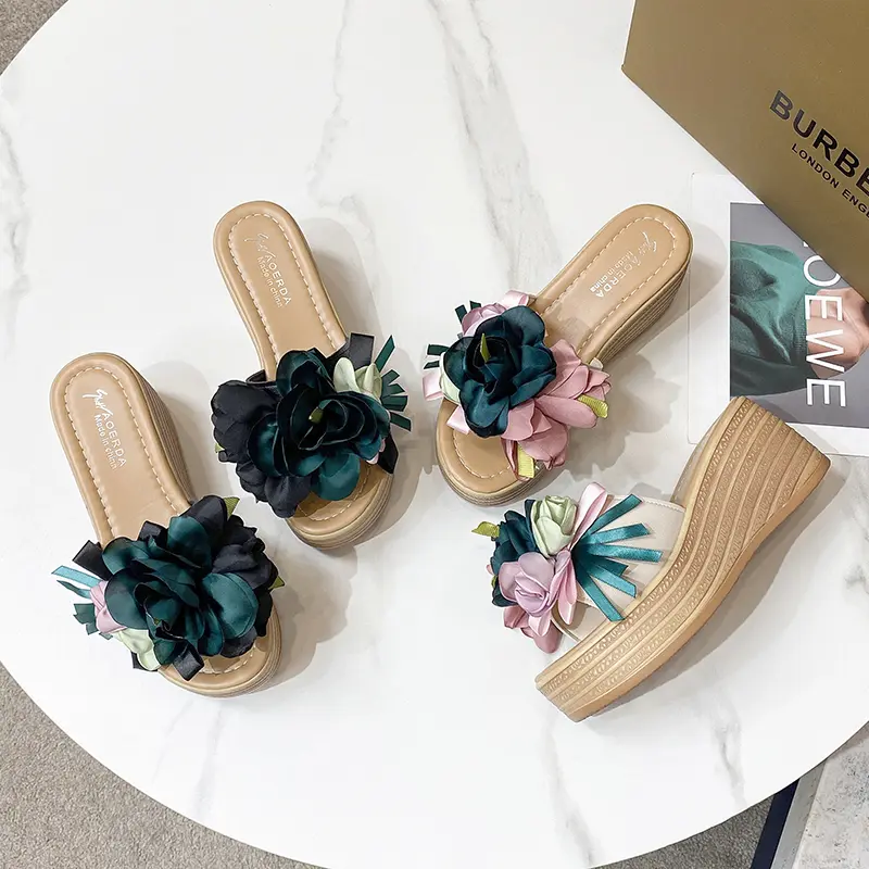 Aphixta Pink Blue New 9cm Hight Wedge Heels Appliques Flowers Platform Slides Women Summer Outside Shoes