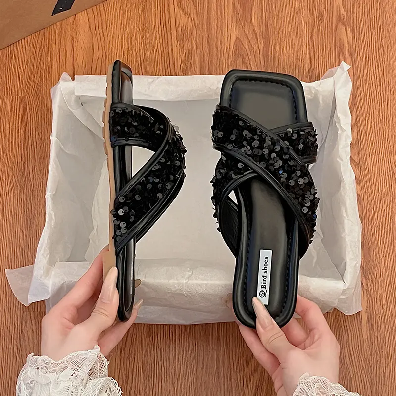 Aphixta Bling Sequined Decoration Flat With Slippers Cross Straps Casual Women Outside Slides Square Toe Summer Sandals Shoe