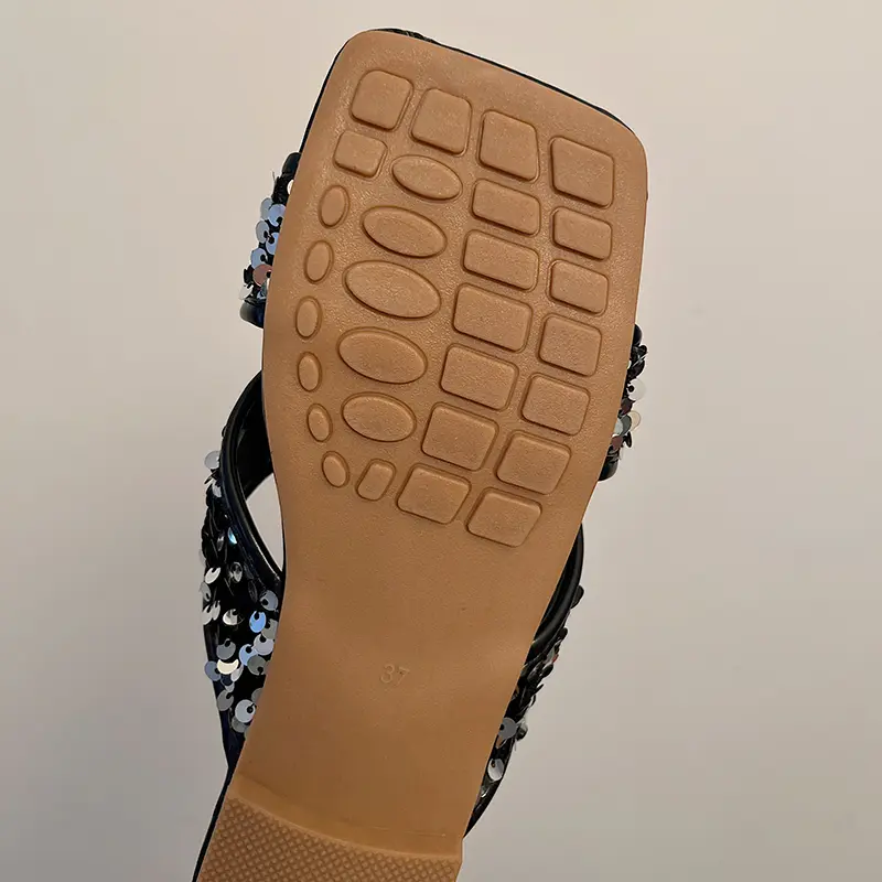 Aphixta Bling Sequined Decoration Flat With Slippers Cross Straps Casual Women Outside Slides Square Toe Summer Sandals Shoe