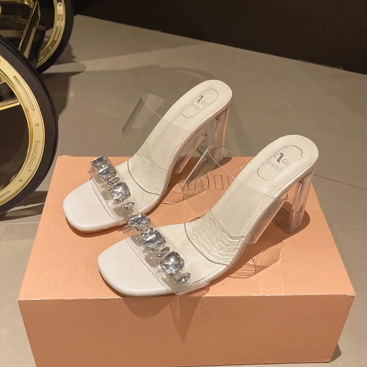 Aphixta Sexy Transportant Heels Shoes 5cm/7cm Square Heels Slippers Women Diamond Dec Slides Outside Summer Sandals Size 41 Shoe