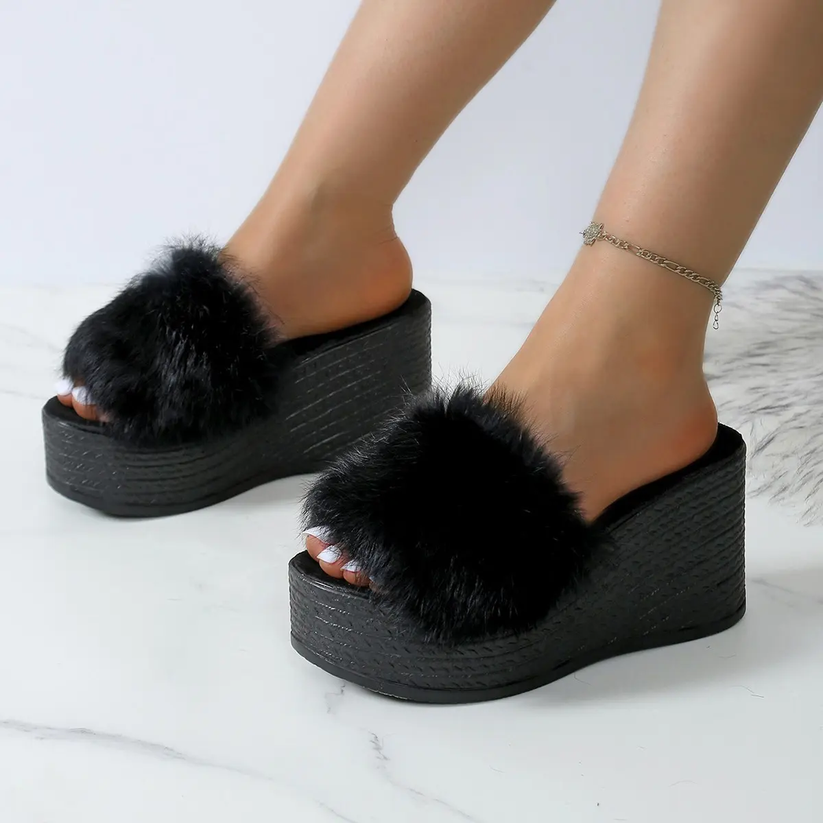 Aphixta Platform Real Rabbit Fur Slippers Women Black Wedge Slides 9CM High Heels Women Shoes Wedge Slippers Retro Slides Shoes