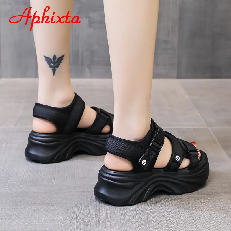 Aphixta 2023 Buckle Height Increaming Canvas 6.5cm Wedge Heel Platfom Sandals Women Shoes Black Thick Bottom Slides