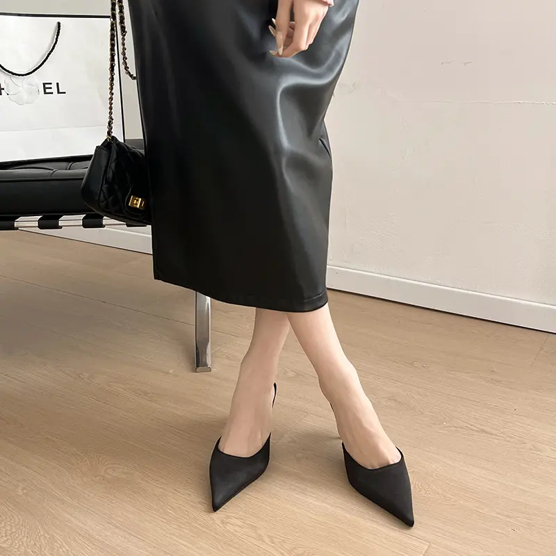 Aphixta 7 cm Thin Heels Black Concise Women Slides Pointed Toe Summer Dress Slides Solid Color High Heels Elegant Shoes Size 42