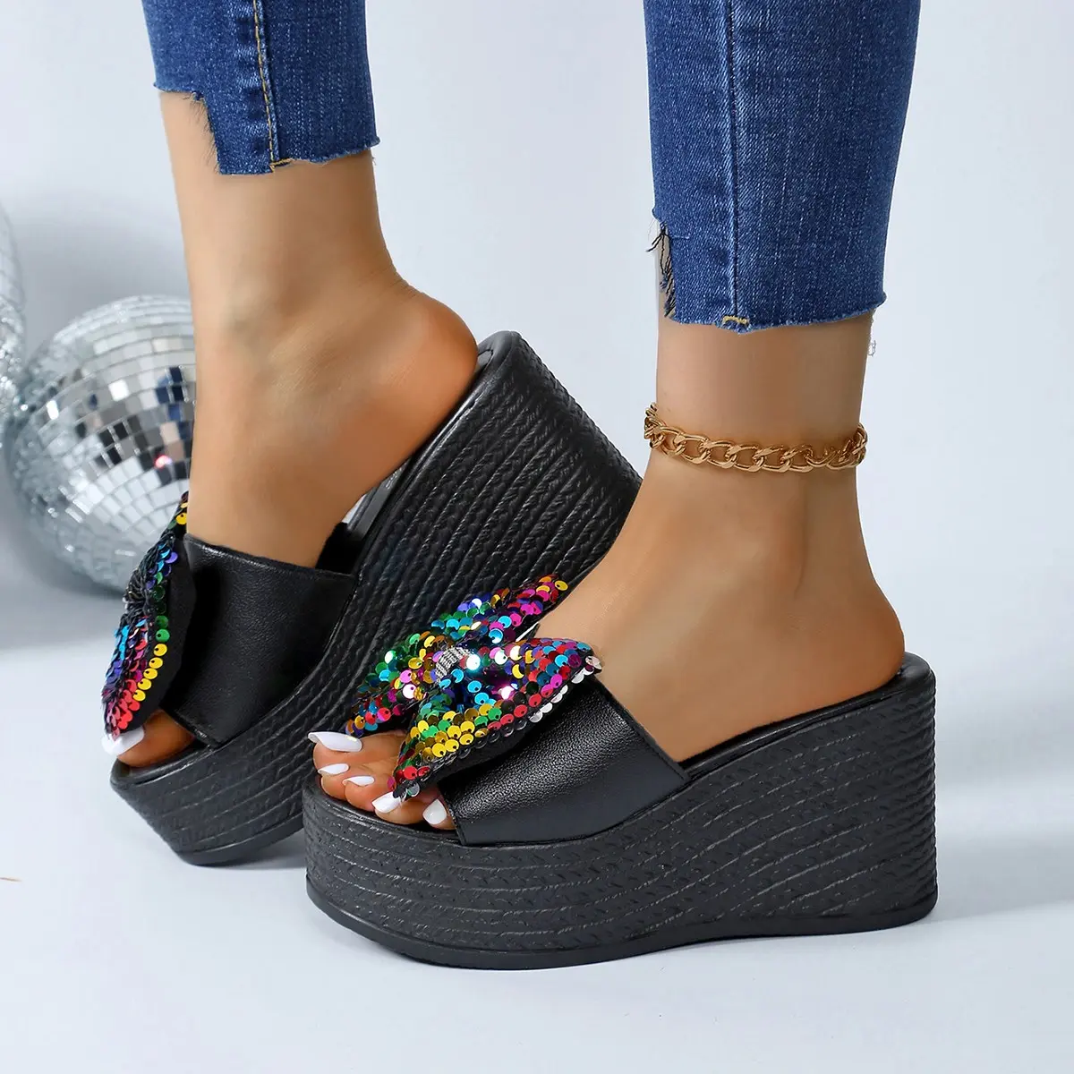 Aphixta  9cm Hight Wedge Heels Colorful Bow Flowers Platform Slides Summer Woman Shoes Platform Slide Shoes sandalias de mujer