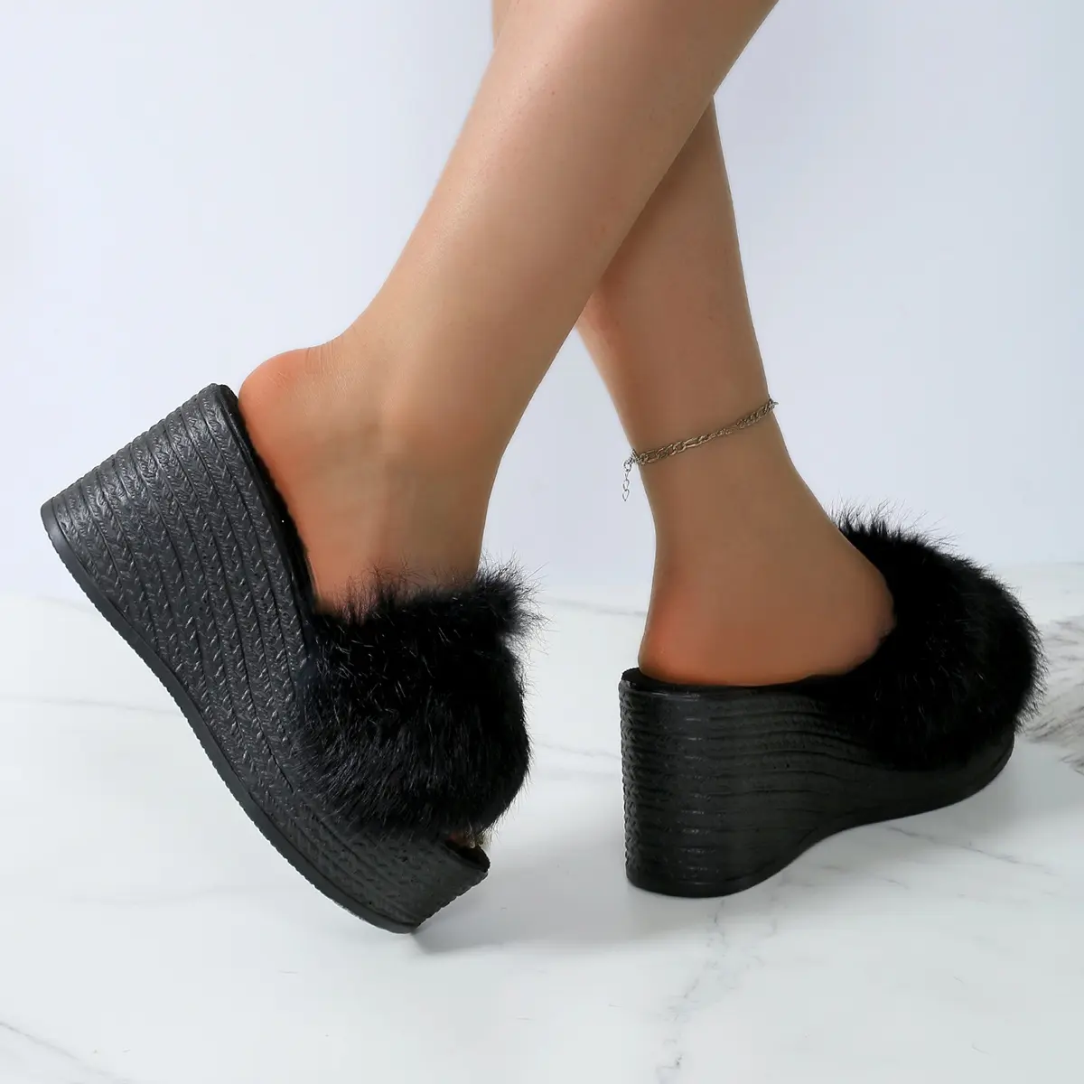 Aphixta Platform Real Rabbit Fur Slippers Women Black Wedge Slides 9CM High Heels Women Shoes Wedge Slippers Retro Slides Shoes