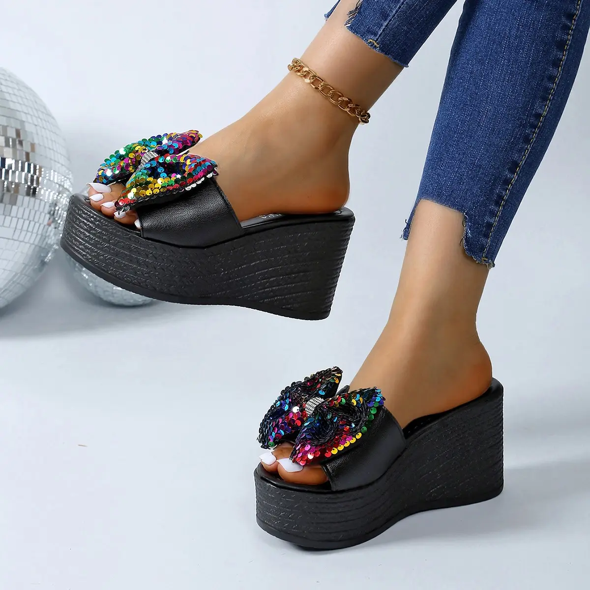 Aphixta  9cm Hight Wedge Heels Colorful Bow Flowers Platform Slides Summer Woman Shoes Platform Slide Shoes sandalias de mujer