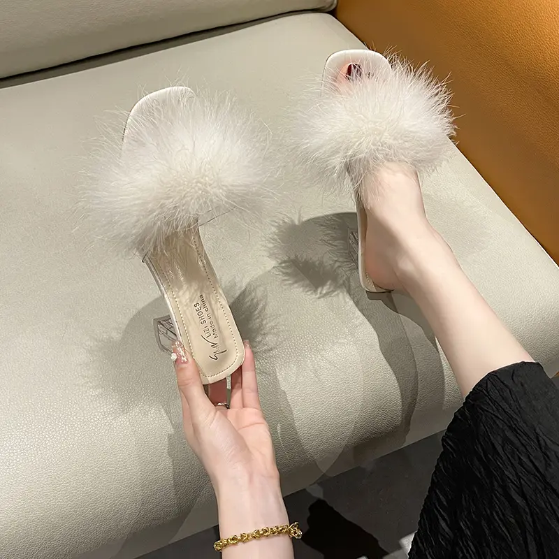 Aphixta Furry 4.5cm High Heel Slides Sweet Woman Shoes Colorful Fur Design Transportant Heel Slides Sandals Classic Dress Shoes