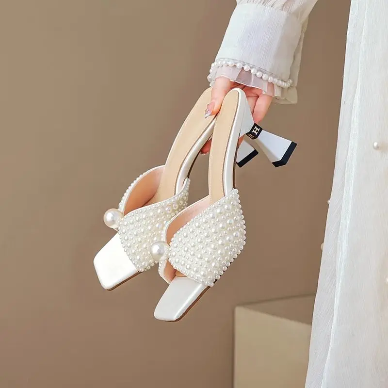 Aphixta Luxury Pearls Women High Heels Mule Sandal Square Toe Elegant Woman Summer Shoes Spike Heel Fashion Shoes for Woman