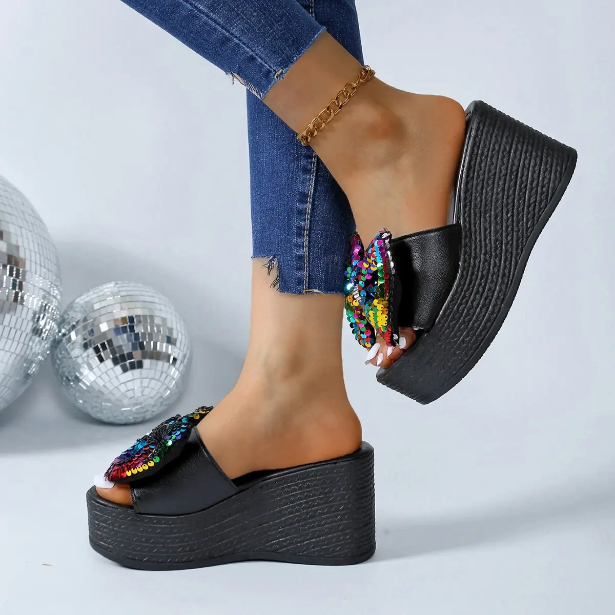 Aphixta  9cm Hight Wedge Heels Colorful Bow Flowers Platform Slides Summer Woman Shoes Platform Slide Shoes sandalias de mujer