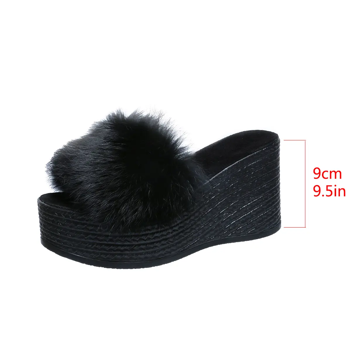 Aphixta Platform Real Rabbit Fur Slippers Women Black Wedge Slides 9CM High Heels Women Shoes Wedge Slippers Retro Slides Shoes