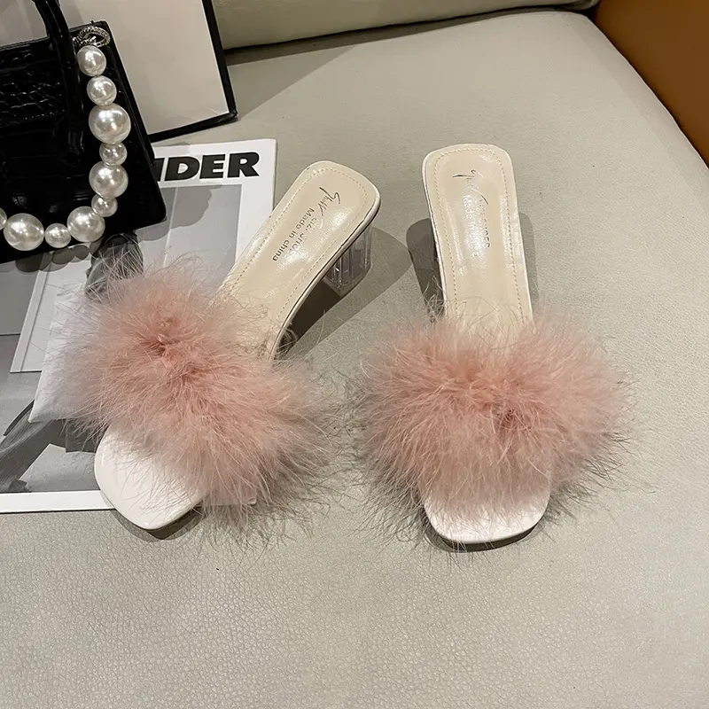 Aphixta Furry 4.5cm High Heel Slides Sweet Woman Shoes Colorful Fur Design Transportant Heel Slides Sandals Classic Dress Shoes